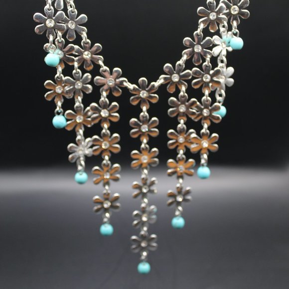 Antique Silver & Turq Flower Rainfall Necklace - Picture 1 of 6